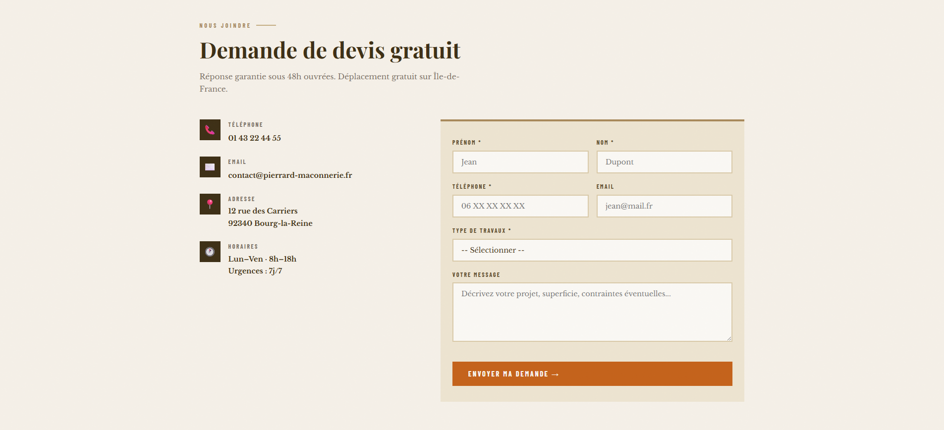 Formulaire de devis en ligne